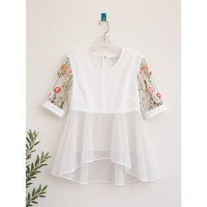Silvian Heach Sheer Embroidered Sleeve Peplum Blouse White High Low Hem Top S
